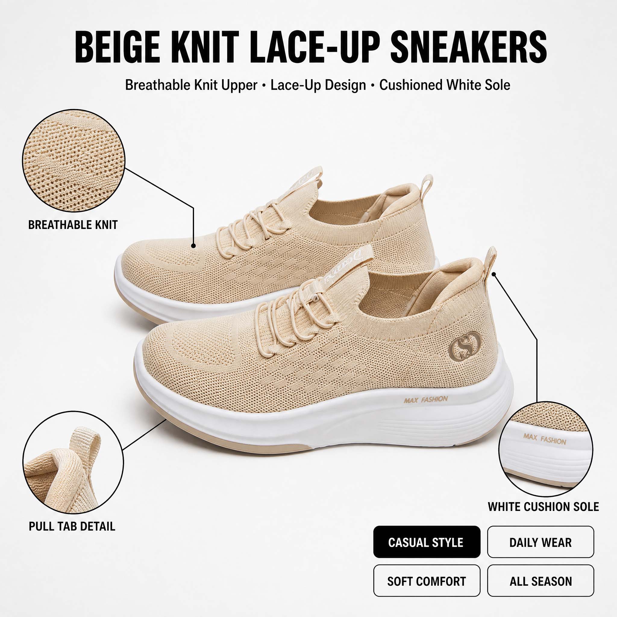 أحذية نسائية منسوجة ذات نعل سم - مراجعة Knit Fabric Lace Up Sneakers وسعره